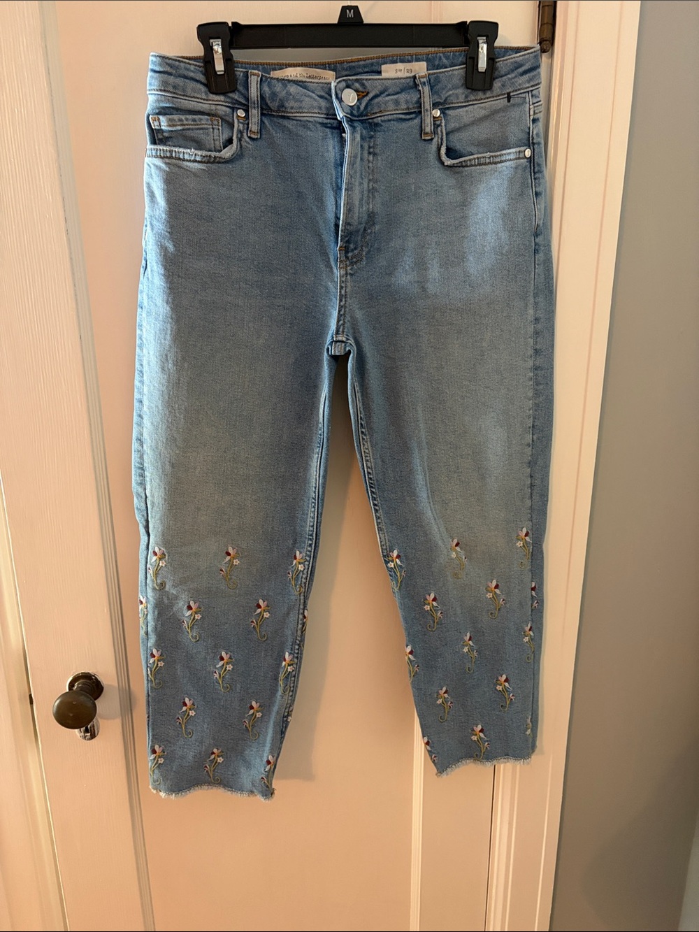 Pilcro Light Blue Cropped Jeans with Floral Embroidery